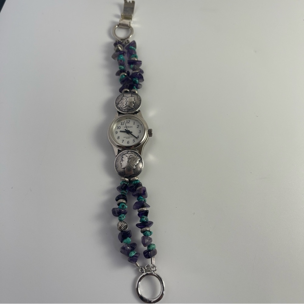 Vintage Liberty Mercury Dimes with Turquoise Amethyst Stones Bracelet Watch